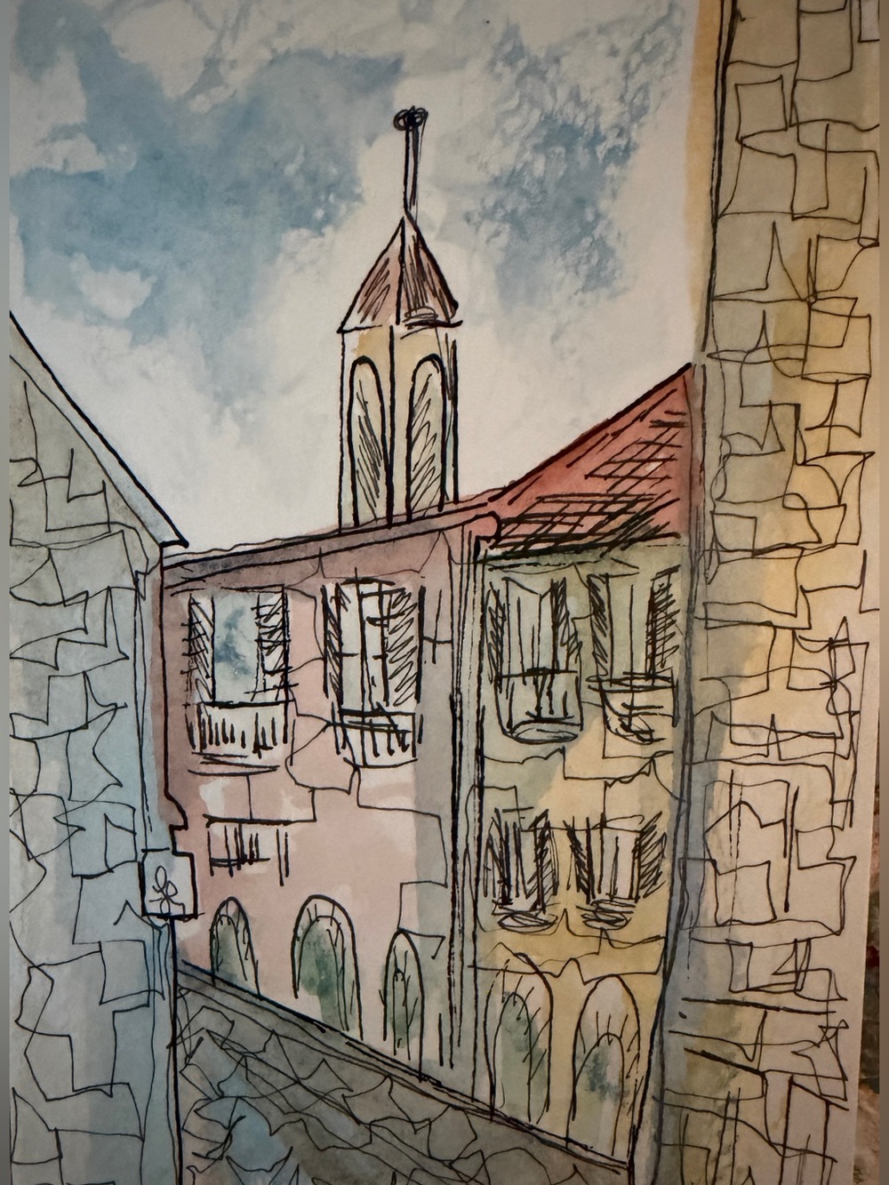 Watercolor old nice france Cityscape Wall Art painting in Blue, Cream